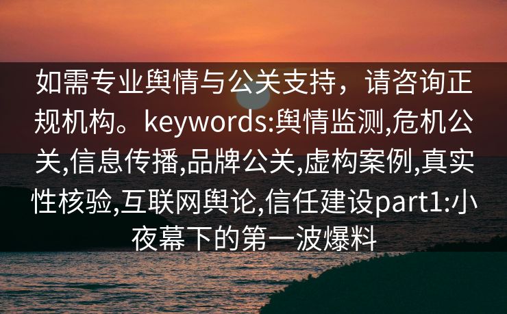 如需专业舆情与公关支持，请咨询正规机构。keywords:舆情监测,危机公关,信息传播,品牌公关,虚构案例,真实性核验,互联网舆论,信任建设part1:小夜幕下的第一波爆料
